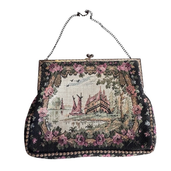 Vintage Tapestry Needlepoint Purse Castle Boat  Turn Closure Satin Lining France - Picture 6 of 8